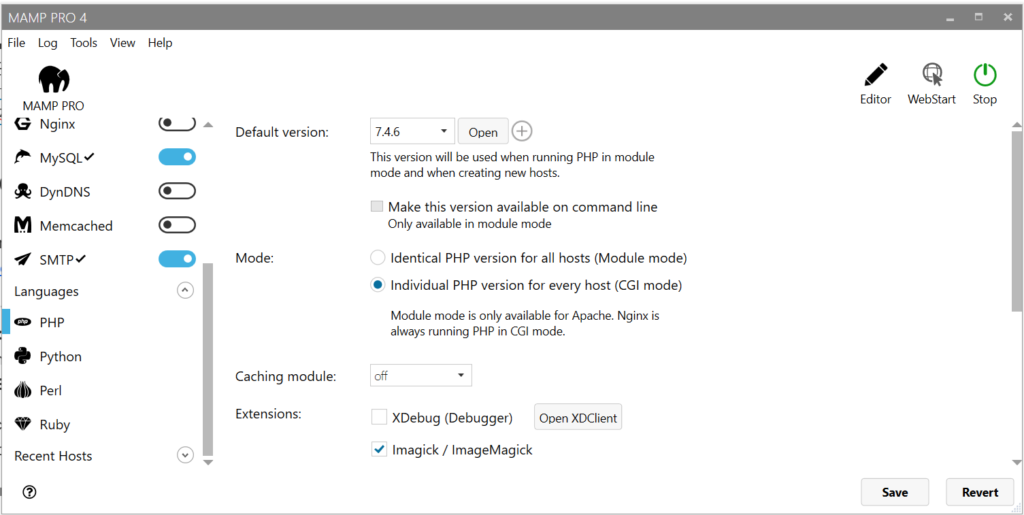 MAMP PRO 4 Languages PHP settings